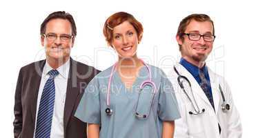 Group of Doctors or Nurses and Businessman on White