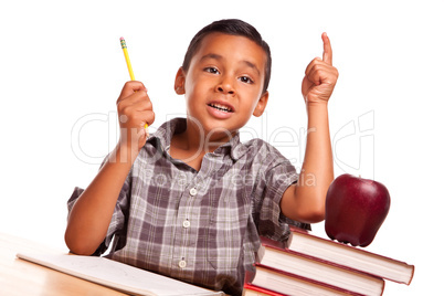 Hispanic Boy Raising His Hand, Books, Apple, Pencil and Paper