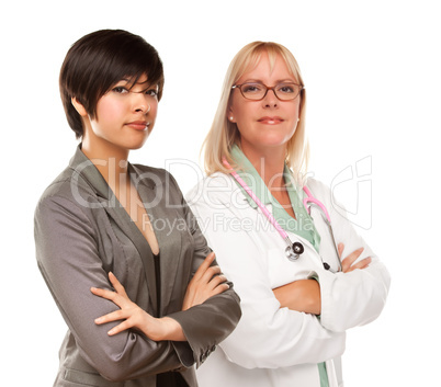 Young Mixed Race Woman with Female Doctor or Nurse on White