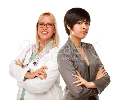 Young Mixed Race Woman with Female Doctor or Nurse on White