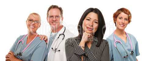 Hispanic Woman with Male and Female Doctors or Nurses