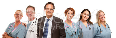 Friendly Male and Female Doctors with Businessman on White