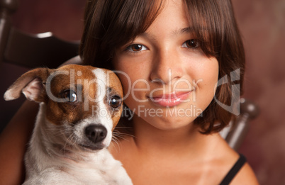 Pretty Hispanic Girl and Her Puppy Studio Portrait