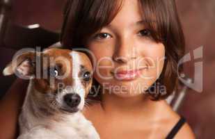 Pretty Hispanic Girl and Her Puppy Studio Portrait