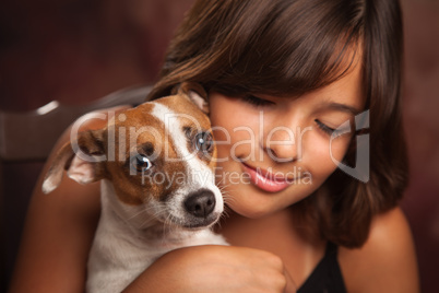 Pretty Hispanic Girl and Her Puppy Studio Portrait