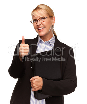 Attractive Blond Businesswoman with Thumbs Up Isolated on White