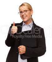 Attractive Blond Businesswoman with Thumbs Up Isolated on White