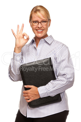 Attractive Blond Businesswoman with Okay Hand Sign on White