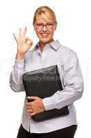 Attractive Blond Businesswoman with Okay Hand Sign on White