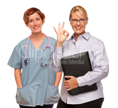 Businesswoman Making Okay Hand Sign with Doctor or Nurse