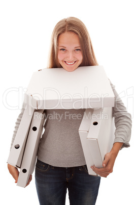 The girl and boxes for a pizza