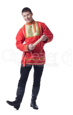 Happy dancer in russian costume with letter