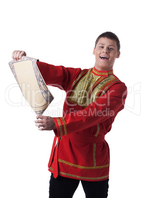 Dancer in russian costume with paper