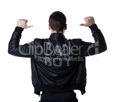 Bad boy portait striptease man in black jacket