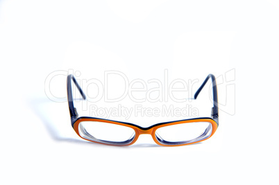 Black with orange glasses on white background