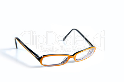 Black with orange glasses on white background