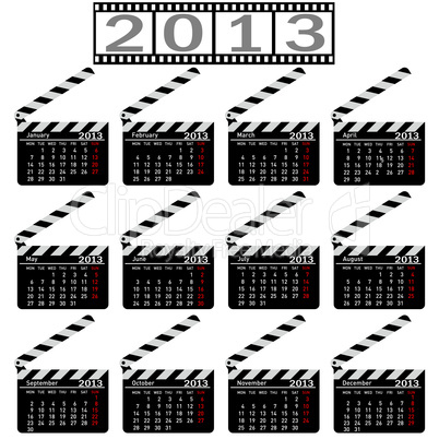 calendar for 2013,  movie clapper board. Vector Illustration.