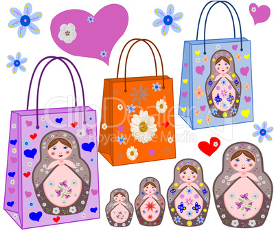 Shopping bags with the Russian nest-dolls, by colors and hearts