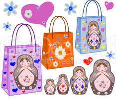 Shopping bags with the Russian nest-dolls, by colors and hearts