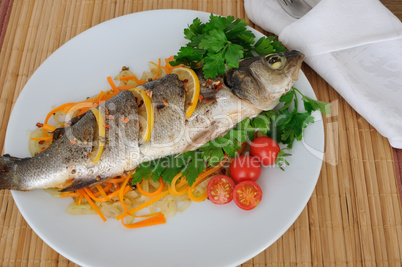 baked trout on onion-carrot cushion