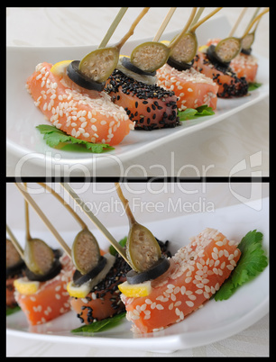pieces of salmon in sesame with capers