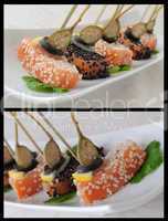 pieces of salmon in sesame with capers