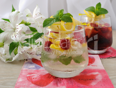 fresh homemade lemonade with mint and raspberries