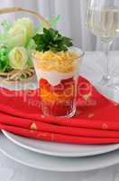 salad of red and yellow tomatoes with mayonnaise and cheese