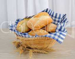 fresh bread in a basket with a napkin shelter