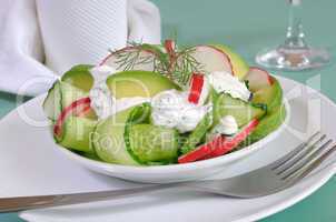 cucumber salad with radish and avocado cream sauce