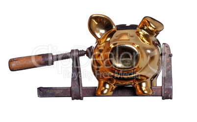 piggy bank under pressure in old clamp