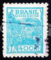 Postage stamp Brazil 1941 Wheat Harvesting Machinery