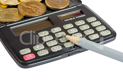 Calculator, coins and pencil