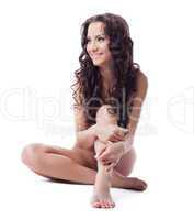 Bare young brunette woman smile isolated