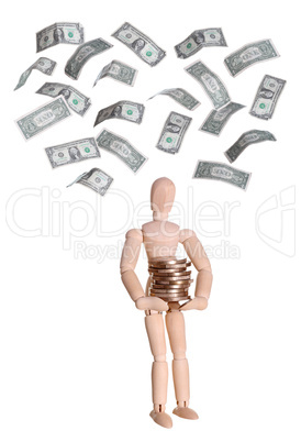 wooden doll with coins and dollars