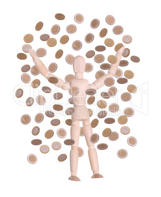 wooden doll in rain of coins