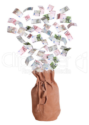 european banknotes and suede bag