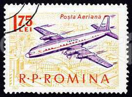 Postage stamp Romania 1963 Plane over City