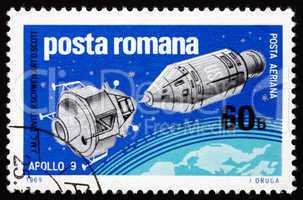 Postage stamp Romania 1969 Apollo 9 and Lunar Landing Module