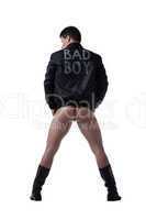 Bad boy striptease man in black jacket isolated