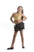 Happy dancer in gold top and black skirt