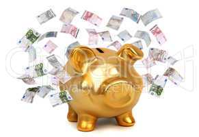 european bank notes and golden piggybank
