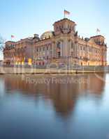 The Reichstag building (Bundestag), famous landmark in Berlin and housing the German Government with spree reflection