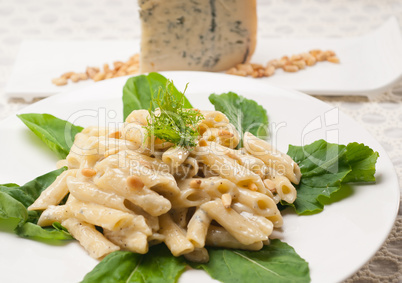 Italian pasta penne gorgonzola and pine nuts