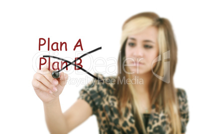 Business plan strategy changing. Woman crossing over Plan A, wri