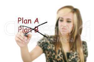 Business plan strategy changing. Woman crossing over Plan A, wri