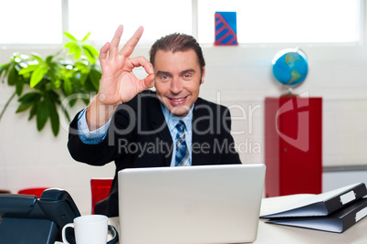 Cheerful handsome manager gesturing perfect sign