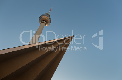 television tower in berlin mitte with blue sky (Fernsehturm Berlin), famous landmark in Berlin Germany