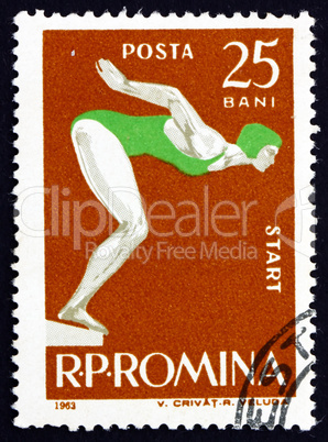 Postage stamp Romania 1963 Woman Swimmer at Start