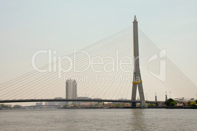 rama viii, bridge, Brücke, symbol, bangkok, fluß, chao phraya, praya, thailand, reisen, Sehenswürdigkeit, berühmt, größte, Südostasien, König, wasserstraße, architektur, großstadt, kabel, Seile, Stahlseile, hängende, konstruktion,